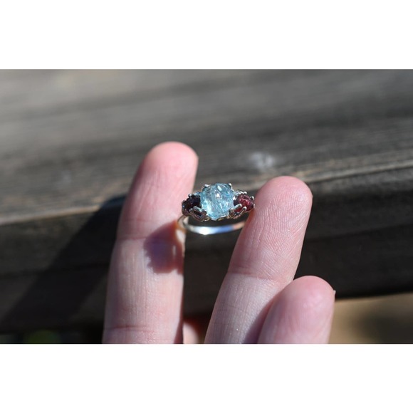 Raw Garnet Engagement Ring, Rough Aquamarine Ring - Picture 2 of 5
